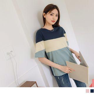 Elbow Sleeve Color Block Cotton T-shirt