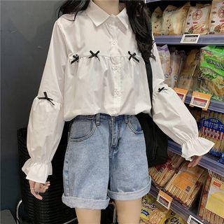 Bow-detail Lantern-sleeve Oversize Shirt As Shown In Figure - One Size