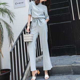 Set: Striped Elbow-sleeve Blouse + High Waist Wide-leg Pants