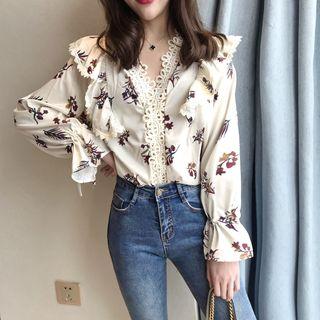 Lace-trim Ruffled Printed Shirt