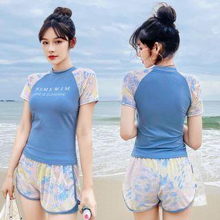 Set: Short-sleeve Lettering Tankini + Swim Shorts