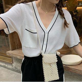Short-sleeve V-neck Color-block Knit Top