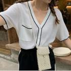 Short-sleeve V-neck Color-block Knit Top