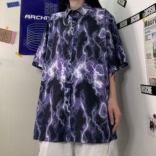 Print Short-sleeve Shirt Black & Purple & White - One Size