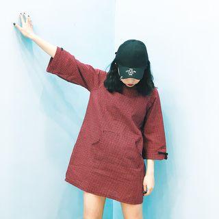 3/4-sleeve Hooded Check A-line Dress