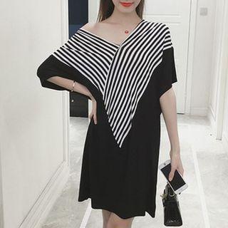 Stripe Panel V-neck Short-sleeve Shift Dress