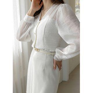 Tie-back Chiffon-panel Tweed Blouse