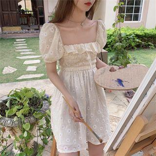Square-neck Floral Embroidered A-line Dress Off-white - One Size
