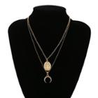 Embossed Disc & Moon Layered Necklace 1976 - Gold - One Size