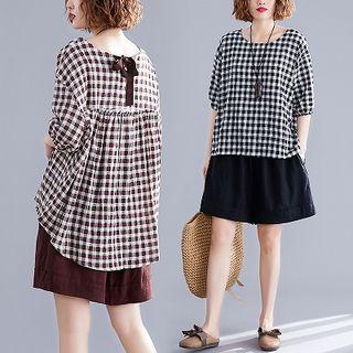 Set: Gingham Elbow-sleeve Blouse + Wide Leg Shorts