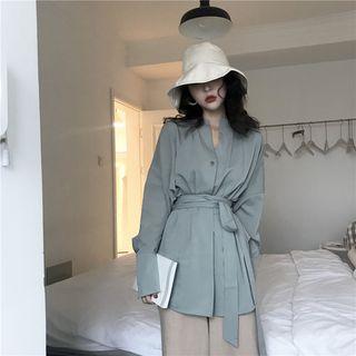 V-neck Tie Waist Blouse Grayish Green - One Size