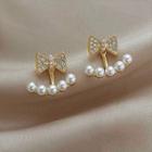 Rhinestone Bow Faux Pearl Drop Earring 1 Pair - Gold & White - One Size