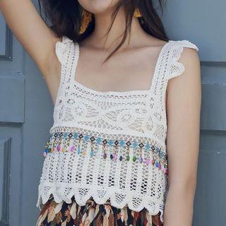 Spaghetti Strap Perforated Top White - One Size