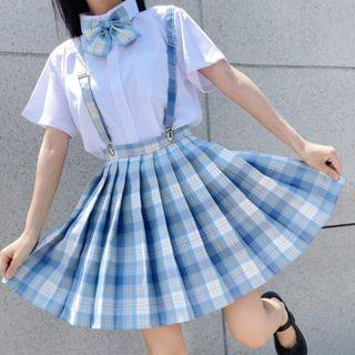 Short-sleeve Shirt / Plaid Bow / Plaid A-line Skirt / Suspender / Set
