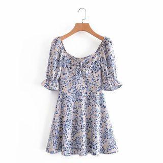 Short-sleeve Tie-front Floral-print Mini Dress