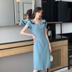 Square Collar Buttoned Short-sleeve Mini Dress / Square Collar Mini Dress