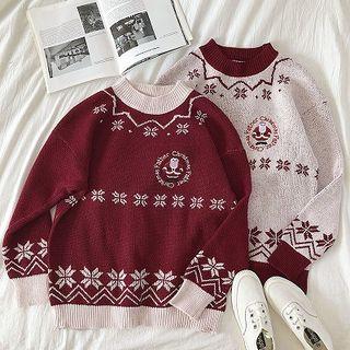 Color-block Christmas Embroidered Crewneck Long-sleeve Sweater