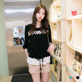 Lace-trim Drawstring Layered Top