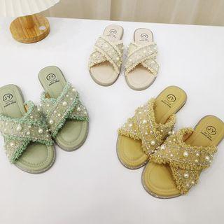 Faux Pearl Tweed Trim Slide Sandals