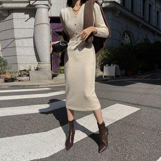 V-neck Button-front Midi Knit Dress One Size