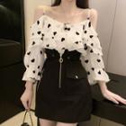 Heart Print Off-shoulder 3/4-sleeve Top / A-line Skirt / Set