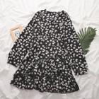 Flower Print Long-sleeve Tiered Dress White Flowers - Black - One Size