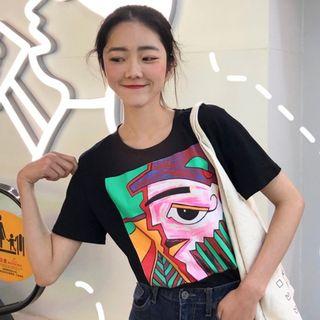 Print Short-sleeve Top Black - One Size
