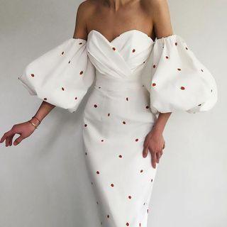 Puff Elbow-sleeve Midi Sheath Dress