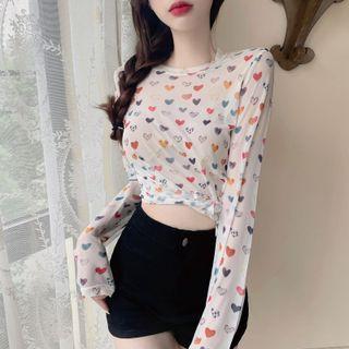 Long-sleeve Heart Print T-shirt Love Heart - White - One Size