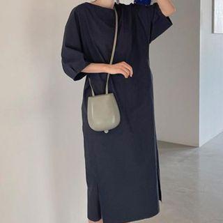 Elbow-sleeve Flax Long Dress