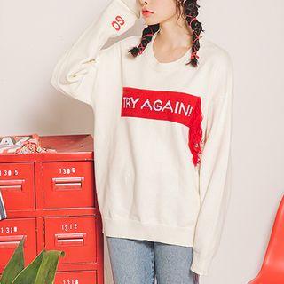Lettering Fringed Long Sweater