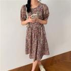 Floral Round Neck Puff-sleeve Dress As Shown In Figure - One Size