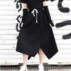Irregular Hem Drawstring Midi A-line Skirt Black - One Size