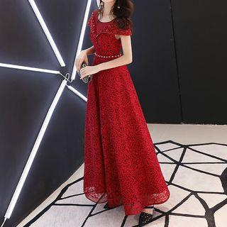 Short-sleeve Floral Lace A-line Evening Gown