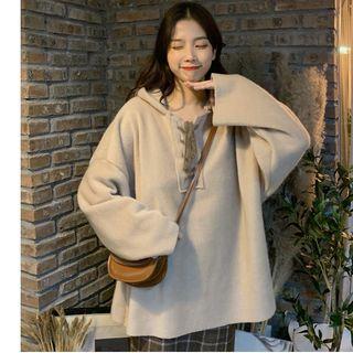 Strap Wide Hooded Long-sleeve Sweatshirt