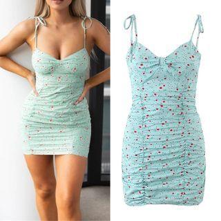 Spaghetti Strap Floral Shirred Mini Bodycon Dress