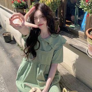 Short-sleeve Peter Pan Collar Blouse / Plaid Mini Overall Dress