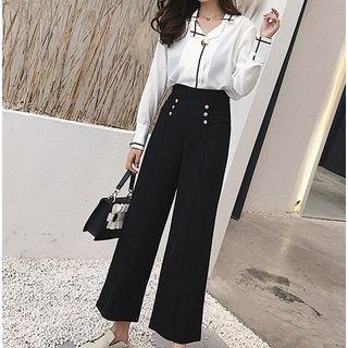 Set: Contrast Trim Blouse + Cropped Wide Leg Pants