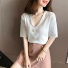 Lace Trim Collared Short-sleeve Knit Top