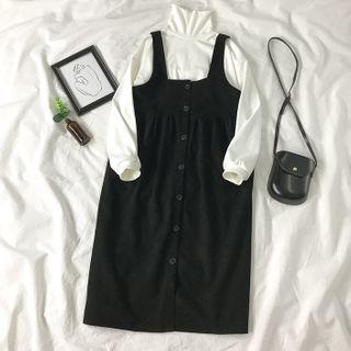 Turtleneck Long-sleeve T-shirt / Button Midi Pinafore Dress