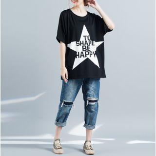 Lettering Star Print Elbow Sleeve T-shirt