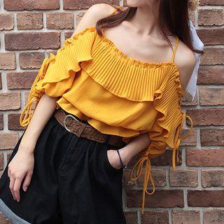 Pleated Trim Off Shoulder Elbow Sleeve Chiffon Top