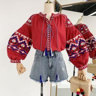 Fringe Lace-up Embroidered Lantern-sleeve Shirt Red - One Size