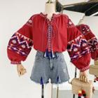 Fringe Lace-up Embroidered Lantern-sleeve Shirt Red - One Size