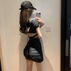 Short-sleeve Strappy Mini Bodycon Dress Black - One Size
