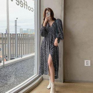 Shirred-front Slit-hem Floral Print Dress