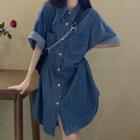 Elbow-sleeve Denim Shirt Dress As Shown In Figure - One Size
