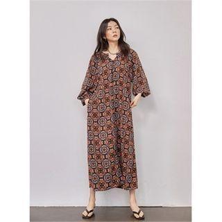 Patterned Maxi Dress With Belt Orange - One Size