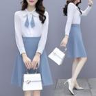 Set Of 2 - Plain Long-sleeve Top + A-line Skirt