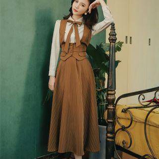 Set: Tie Neck Blouse + Vest + Midi Skirt